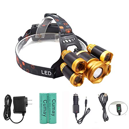 Ankeca Waterproof 8000 Lumen flashlight-IMPROVED 5 CREE LED Headlamp Head Lamp Powerful Led Headlight,18650 Rechargeable Batteries, Car Charger, Wall Charger and USB Cable