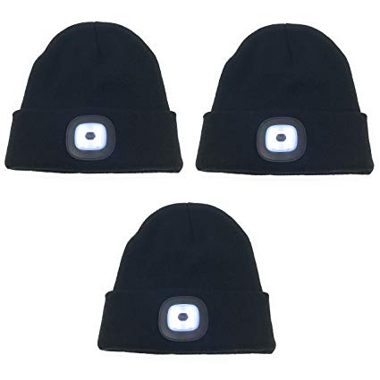 3-Pack Bulk LED Knit Beanie Stocking Caps / Camping Light / Flashlight - incl batteries - Perfect for skiing, running, hiking, camping, or around the house