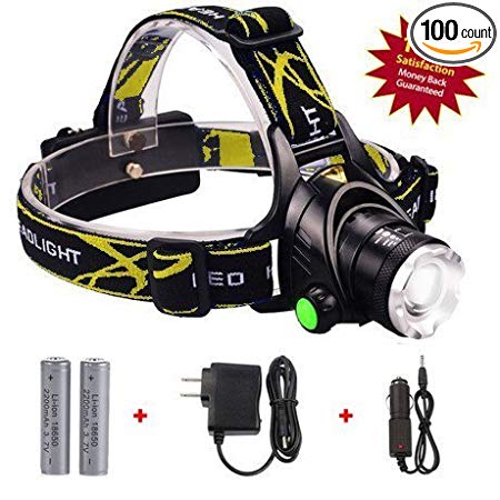 Sh Head Mounted Flashlight 2000 Lumens Ultra Bright Led Headlamp Rechargeable 18650 Batteries, Waterproof, Strobe, Book Nightlight, Zoomable Lightweight For Camping, Hiking, Weather Biking, Kids Ect.