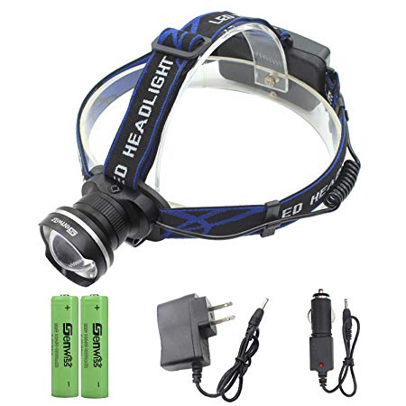 Genwiss Headlamp Flashlight Head lamp, 3000 Lumens CREE XML T6 LED 3 Mode Waterproof Zoom Focus Front Light Super Bright Torch include 4200mAh Battery and charger Camping Biking Hunting Fishing Riding