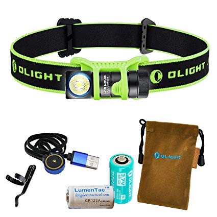 Olight H1R Nova 600 Lumens Rechargeable LED Headlamp (Choice of Three Color Headbands) w/ Olight RCR123A Battery, Magnetic USB Charging Cable, and LumenTac CR123A Battery