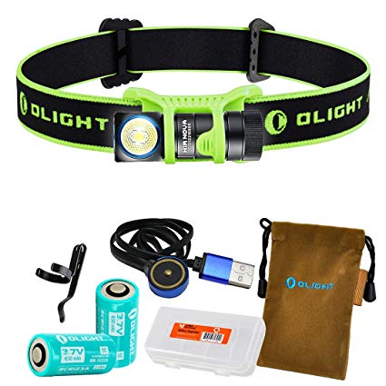 Olight H1R Nova 600 Lumens Rechargeable LED Headlamp (Multiple Color Options) w/ 2x Olight RCR123A Batteries, Magnetic USB Charging Cable, and LumenTac Battery Organizer