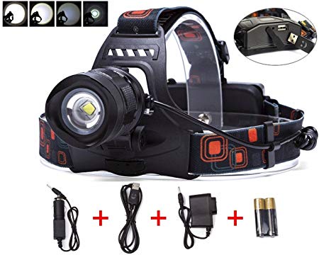 BESTSUN 2000 Lumens 5 Modes Zoomable Rechargeable LED Headlamp, Bright Hands Free Head Flashlight with USB Output for Hunting Fishing Riding Camping Walking Dog, 18650 Batteries and Charger Included