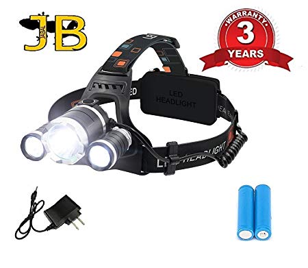 JABAL Rechargeable Bright Tactical 5000 Lumen High Home Outdoor LED Headlamp Headlight Flashlight. 4 Modes w/ 3 Cree T6 LED, Waterproof Rechargeable 18650 Battery. Great for Hiking, Camping, Hunting.