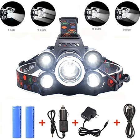 TUTU TECH Headlamp with 5 LEDs, 4 Modes Waterproof Zoomable Head Torch with Rechargeable Batteries for Hiking, Camping, Fishing, Biking, Climbing and More