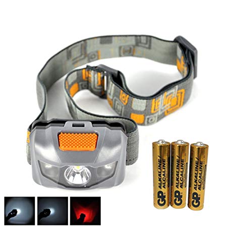 LED Headlamp - Great for Camping, Hiking, Dog Walking, and Kids. One of the Lightest (2.6 oz) Headlight. Water & Shock Resistant Flashlight with Red Strobe. 3 AAA GP Batteries Included!