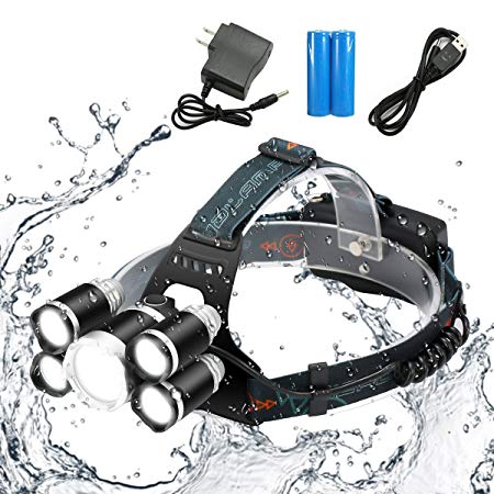 SGODDE LED Headlamp, Super Bright 5 LED 8000 Lumens Headlight - 4 Modes XML T6 LED Waterproof Head torch with Rechargeable Batteries for Outdoor Hiking Camping Hunting Fishing Cycling Runnin Black