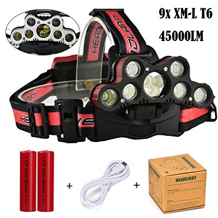 Rechargeable LED Headlamp Brightest 6 Modes LED Headlight 45000 Lumens Waterproof Flashlight with 18650 Rechargable Battery Adjustable Headband Best for Camping Running Hiking Walking Biking Hunting