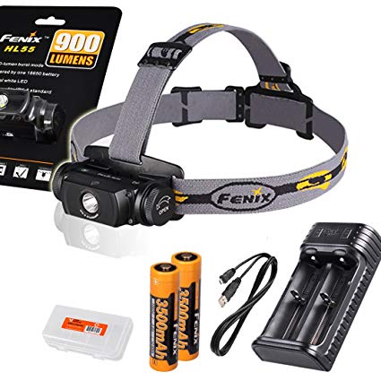 High Capacity Bundle: Fenix HL55 900 Lumens Headlamp with Two Genuine Fenix 3500mAh 18650 Rechargeble Batteries, Two Channel USB Charger and LumenTac Battery Organizer