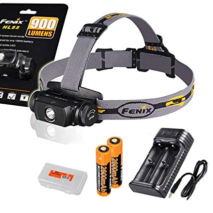 Fenix HL55 900 Lumens Rechargeable Headlamp with two Fenix Rechargeable Batteries, a Two Channel Smart Charger and LumenTac Battery Organizer