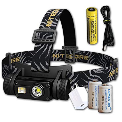 Nitecore HC65 1000 Lumen White/Red/High CRI USB Rechargeable Headlamp with 2x CR123A Lumen Tactical Batteries