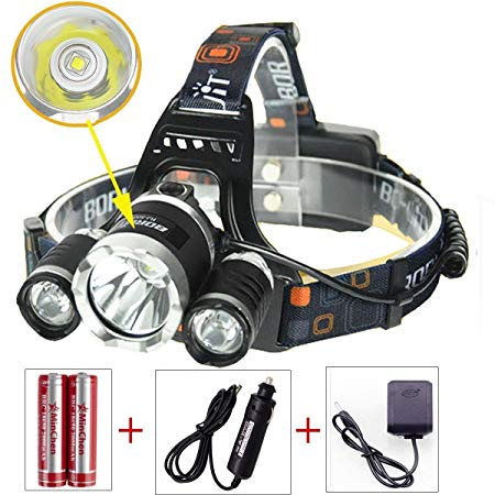 High Power LED Headlamp Boruit 6000LM CREE XML L2 and 2R5 Rechargeable LED Headlamp Head Torch Flashlight with 2x Protected 18650 Rechargeable Batteries and Chargers