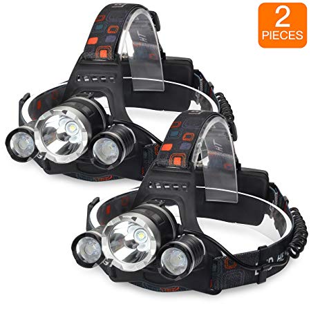 SHINE HAI LED Headlamp, 5000 Lumens, 4 Modes Headlight, Waterproof Flashlight, Rechargeable Batteries Lighting for Running Walking Camping Reading Hiking Riding Fishing, 2-Pack